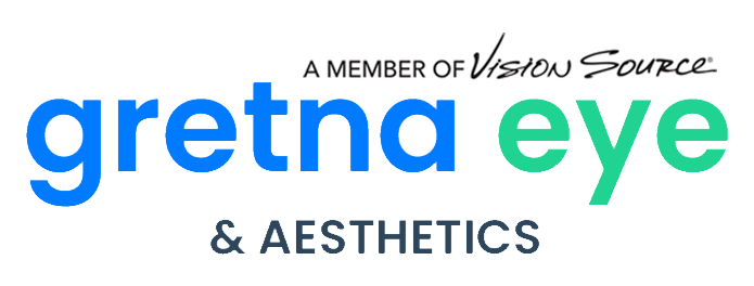 Gretna Eye & Aesthetics Logo - cyan color, all lowercase "Gretna" and pastel green color, all lowercase "Eye" on the top row in sans serif font, with a medium gray ampersand and small font, all caps "Aesthetics underneath.